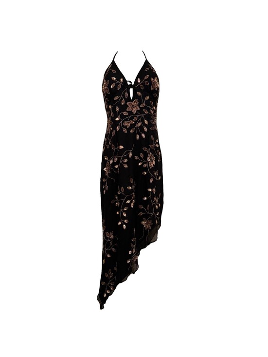 Cache Dresses & Skirts - Rare Cache Floral Black Beaded Cache Assumetrical Silk Dress Size Small